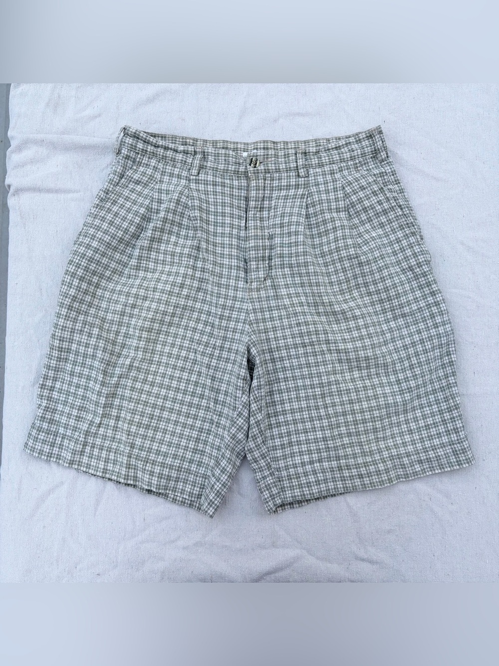 Vintage Old Navy Green Plaid Gingham Linen Blend Shorts, Granola Cottagecore